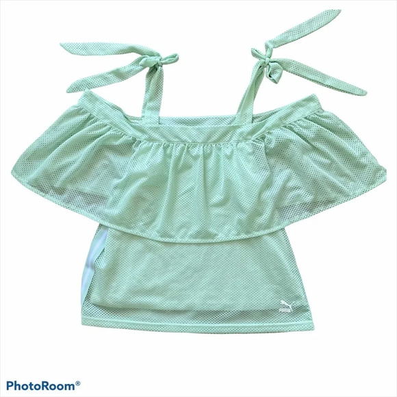 PUMA Extreme Off Shoulder Mesh Mint Ruffle Top  L - Picture 9 of 9